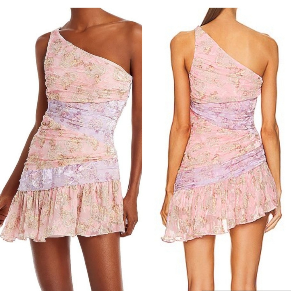 LoveShackFancy Zietta pink purple silk floral ruched one shoulder mini dress 10